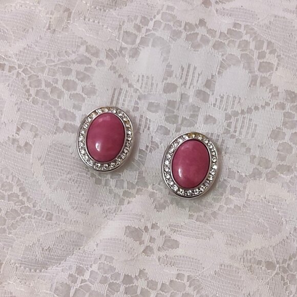 Vintage Genuine Pink Coral Clear Cubic Zirconia Silver Tone Oval Clip Earrings - Picture 5 of 8